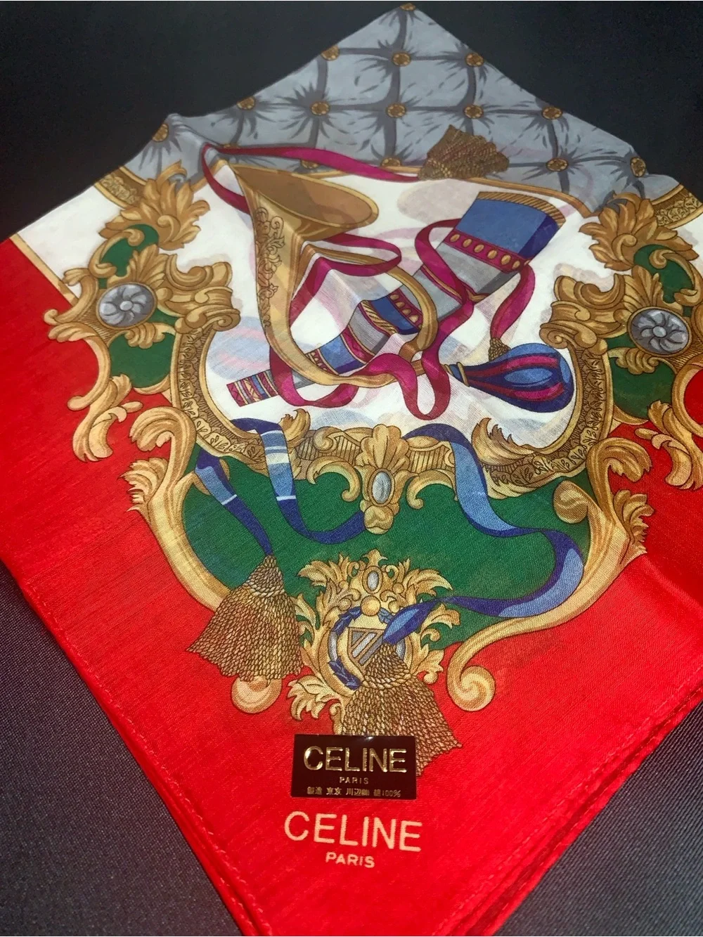 Celine Red Mini Scarf with Gold & Green Baroque Motif
